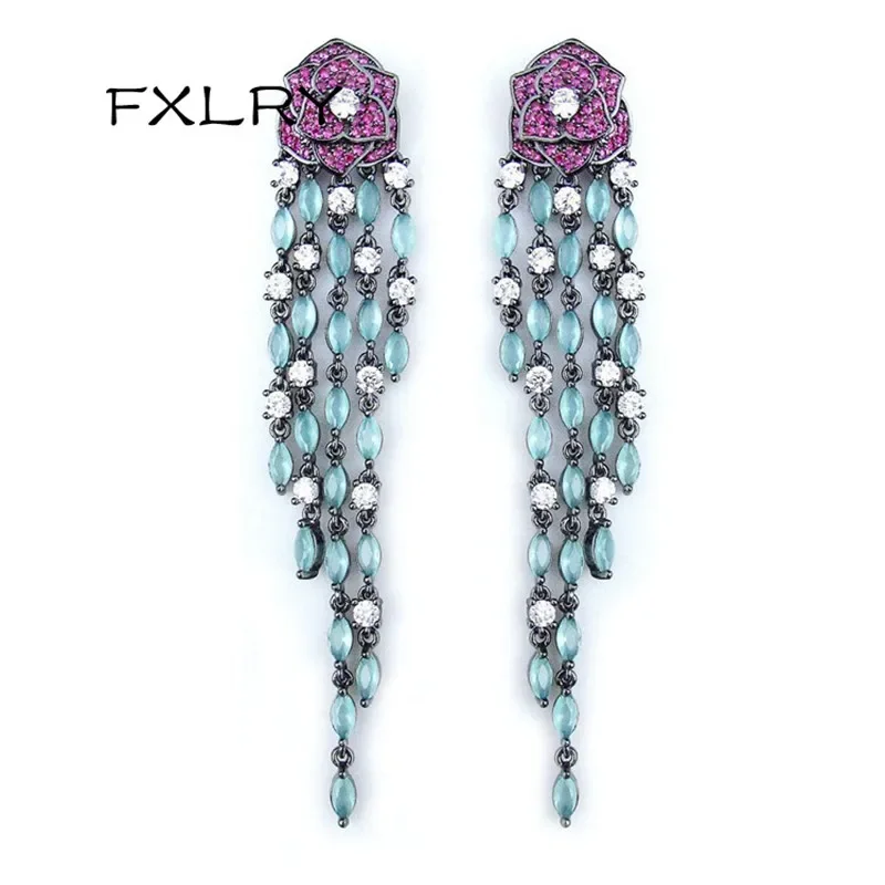 FXLRY Luxury long black gun plated vintage purple rose flower with green tassel earring for women Jewelry