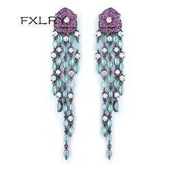 FXLRY Luxury long black gun plated vintage purple rose flower with green tassel earring for women Jewelry