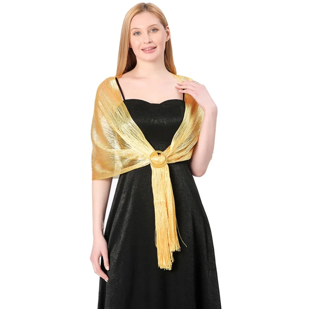 Modischer Brautschal mit Metallic-Effekt für Hochzeiten und Partys, mit Schnalle, Abendkleider-Schal, Brautjungfern-Schal in Gold und Silber, Glänzende Schals – Detail 7