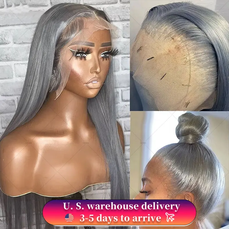 

Silver Grey Straight Lace Front Wig 100% Human Hair Wigs Colored HD Transparent Lace Frontal Wigs for Women Bleached Pre Plucked