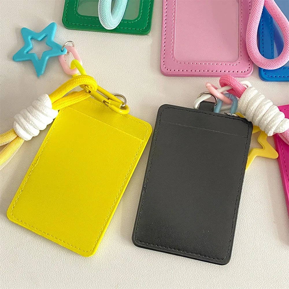 Candy Color Double Layer Card Protective Case With Star Lanyard INS Transparent PU Card Holder Waterproof Vertical Card Cover