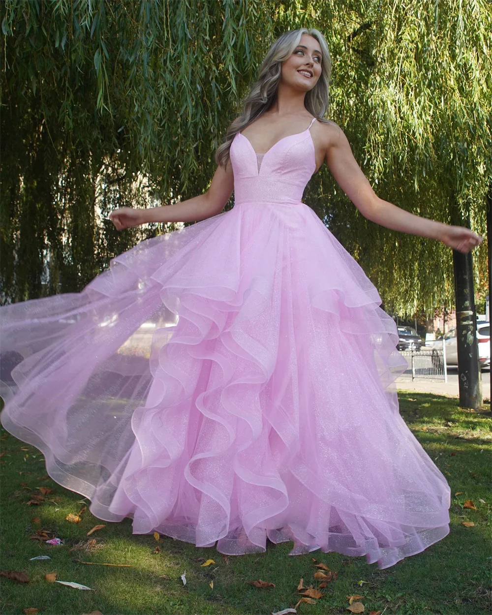 Annie-vestido De fiesta rosa para mujer, Vestidos De Noche De tul con volantes y purpurina, ocasiones formales De boda