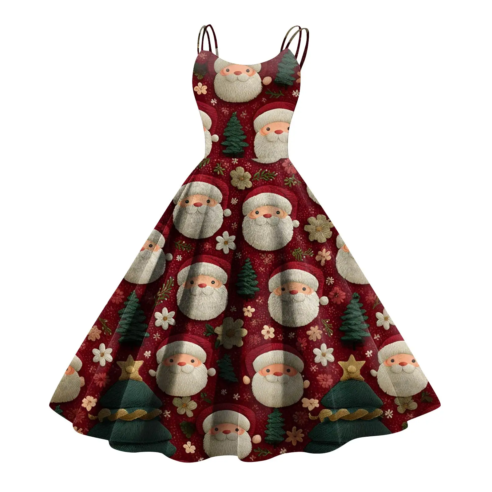 ชุดเดรสกระโปรงคริสต์มาสของผู้หญิงซานตาคลอสพิมพ์ลายกระโปรงสวิงขนาดใหญ่ดีไซน์หวานน่ารักสวมใส่วันหยุดฉากปาร์ตี้ฤดูใบไม้ร่วง