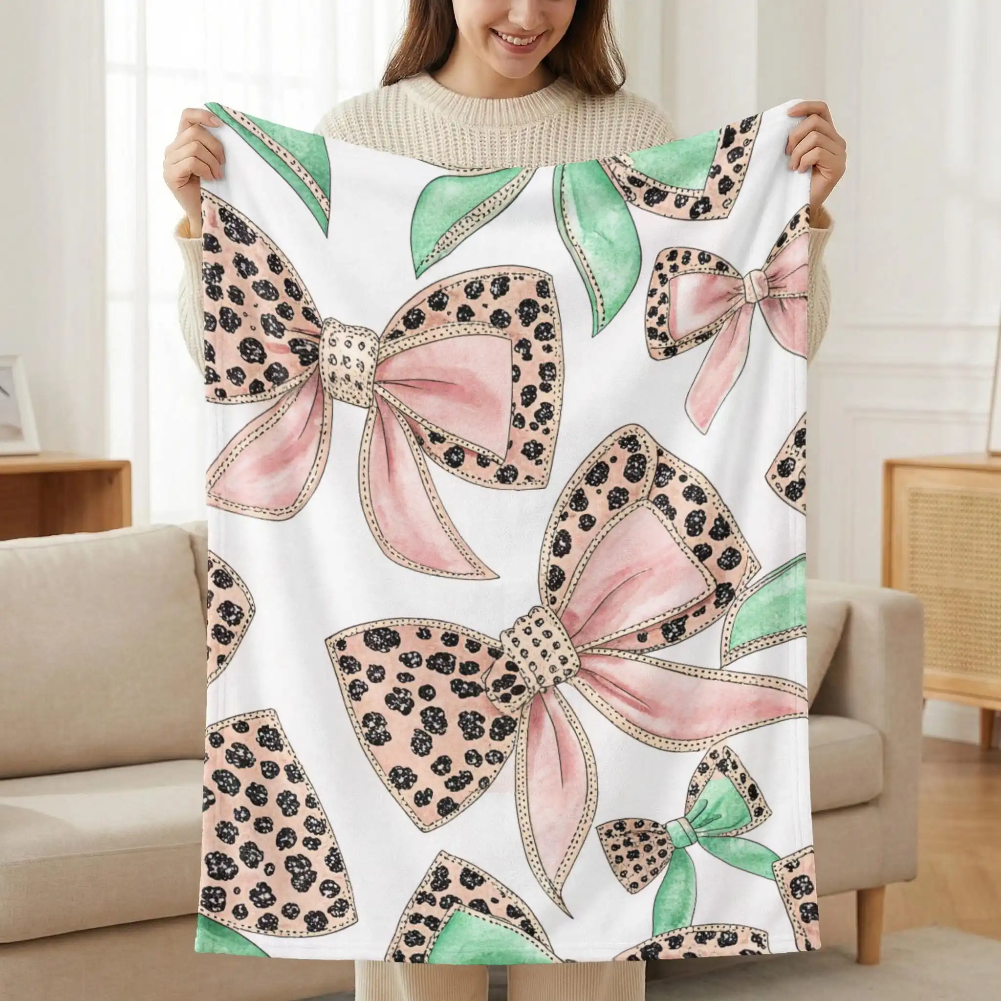 Chic Leopard Bows Blanket Pink Mint Green Watercolor Throw Sofa Blankets and Throws Bedspread on the Bed Linens Human Made Home