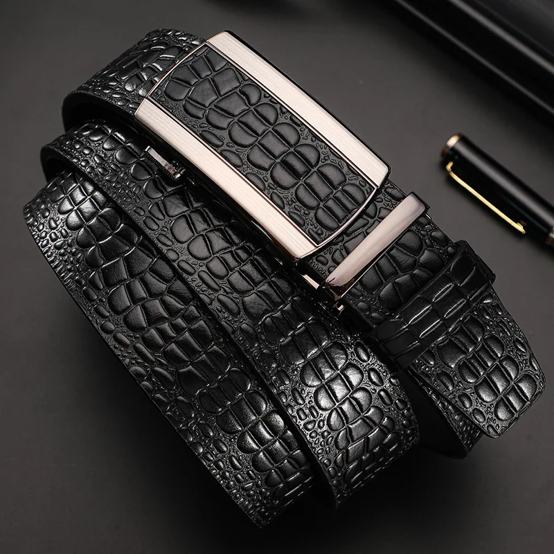 

Crocodile Pattern Cowhide Belt Automatic Buckle Business Casual Men's Jeans Belt Genuine Leather Black Coffee Stone Waist Seal