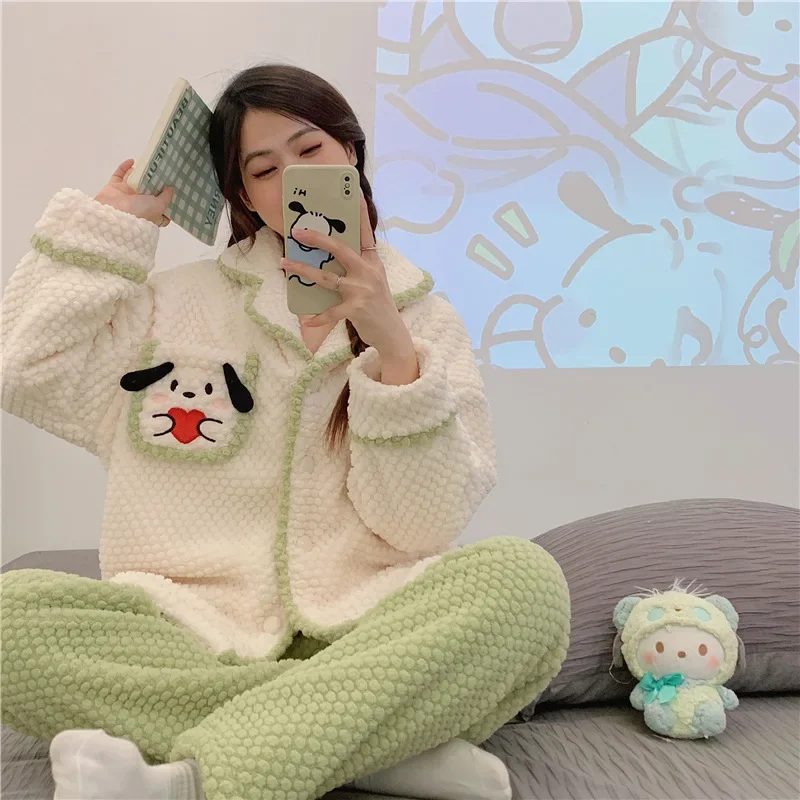 Nieuwe Dames Winter Cartoon Cardigan Pyjama Met Lange Mouwen Dames Warme Fleece Koraal Fleece Loungewear Set Cartoon Katoenen Pyjama