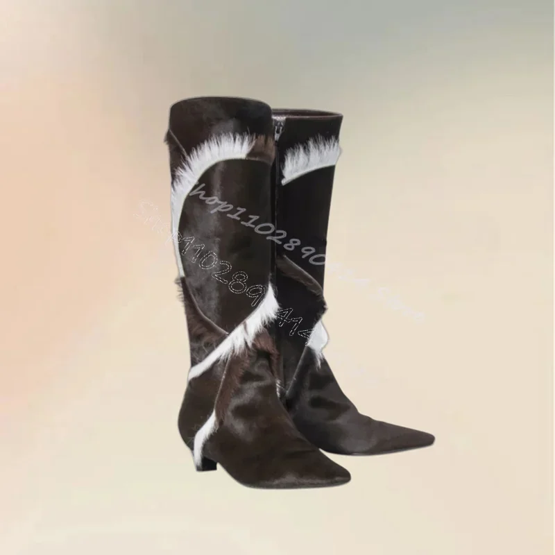 

Brown Horsehair Pointed Toe Knee High Boots Side Zipper Women Shoes Thin Heels Sexy Party Feast Banquet 2024 Zapatos Para Mujere