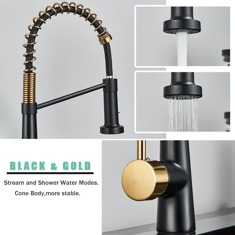 Rozin Black Gold Luxury Gourmet Kitchen Faucet Deck Mounted Sink Extendable Flexible Mixer Tap with 2 in 1 Pull Down Sprayer