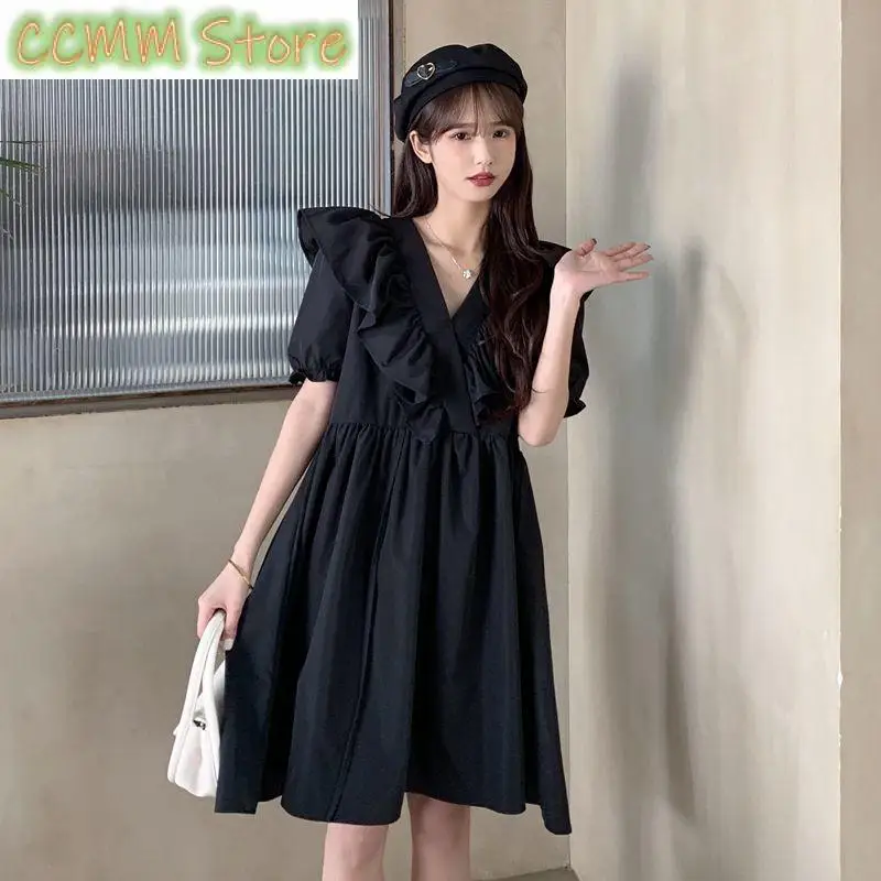 

Sweet V-Neck Spliced Shirring Bandage Ruffles Prom Dress Female Clothing Summer New Loose Korean Puff Sleeve Casual Dresses