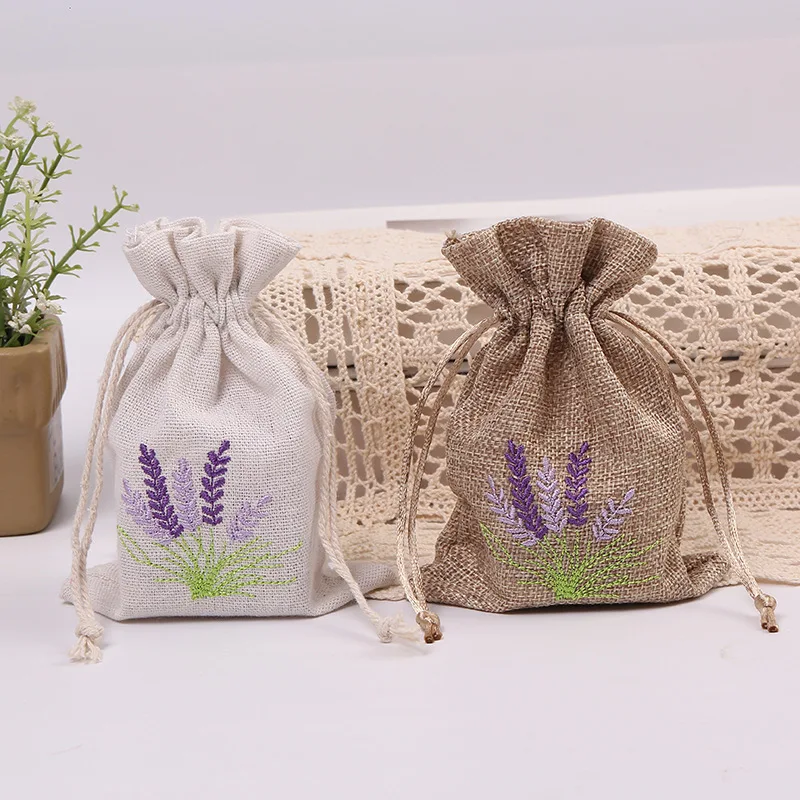 Bolsas de lavanda bordadas para aromaterapia, bolsas de Aroma de flores secas, bolsas de algodón para semillas de yute, logotipo impreso, 10 unidades