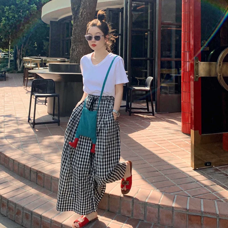 Plaid Wide-Legged Skirt Pants for Women Elastic High Waist Skinny Hundred Percent Loose Casual Pants Female Clothes Summer 2024