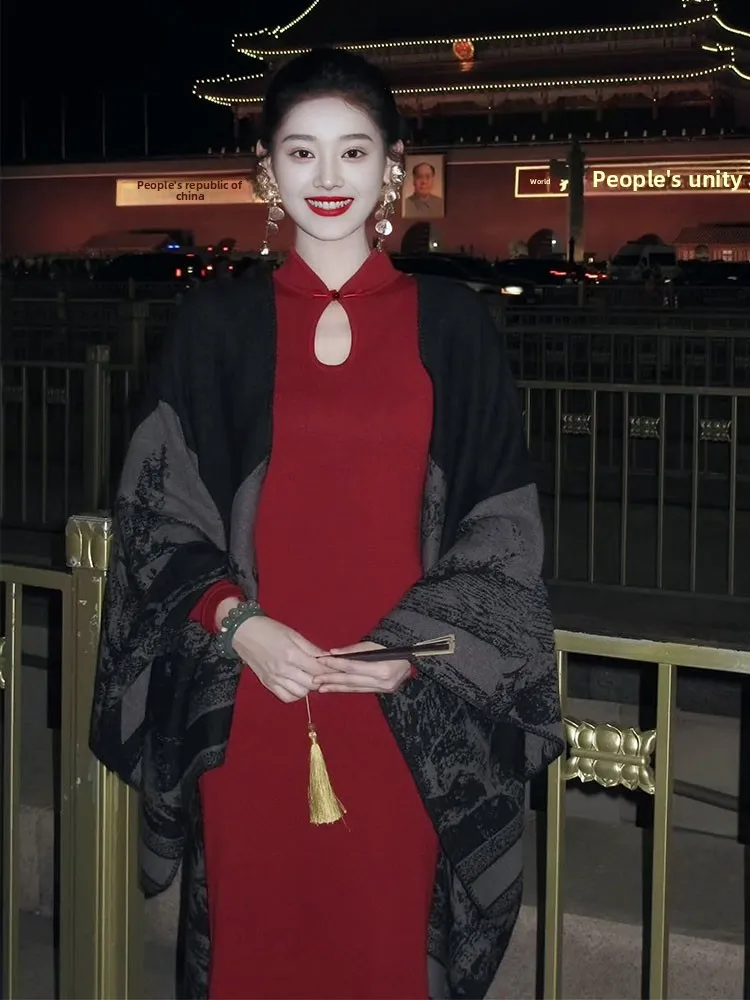 

Красное вязаное платье-ципао для молодых девушек, винтажное китайское модное платье миди с длинными рукавами и круглым воротником для помолвки