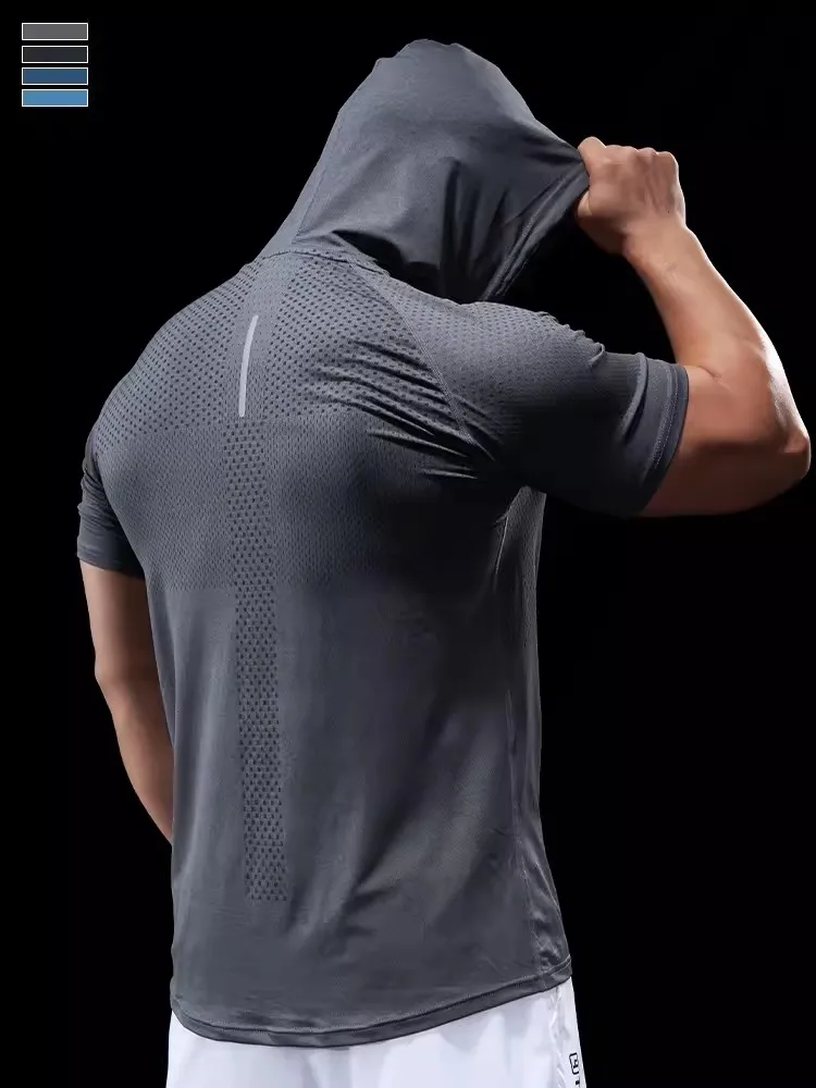 Summer GYM Sport Hooded Running Men T shirt Fitness Slim fit compression elastic Short sleeve Quick Dry Bodybuilding Tshirt image 6
