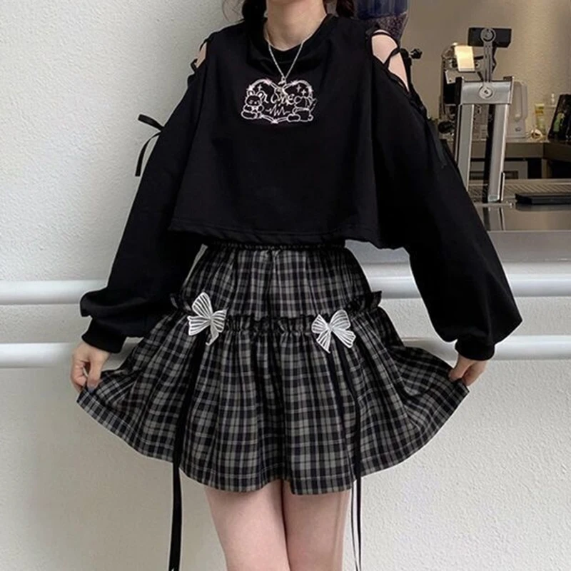 Gothic Bow Plaid Women Mini Skirt Fashion Black High Waist Stitching Ribbon A Line Skirts Japanese Harajuku Preppy Casual Skirt