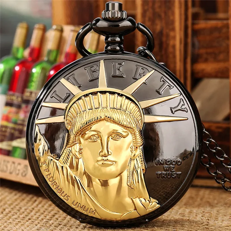 Reloj de bolsillo antiguo con cubierta de Estatua de la libertad, reloj analógico de cuarzo para hombres y mujeres, collar con números romanos, colgante, cadena, recuerdo