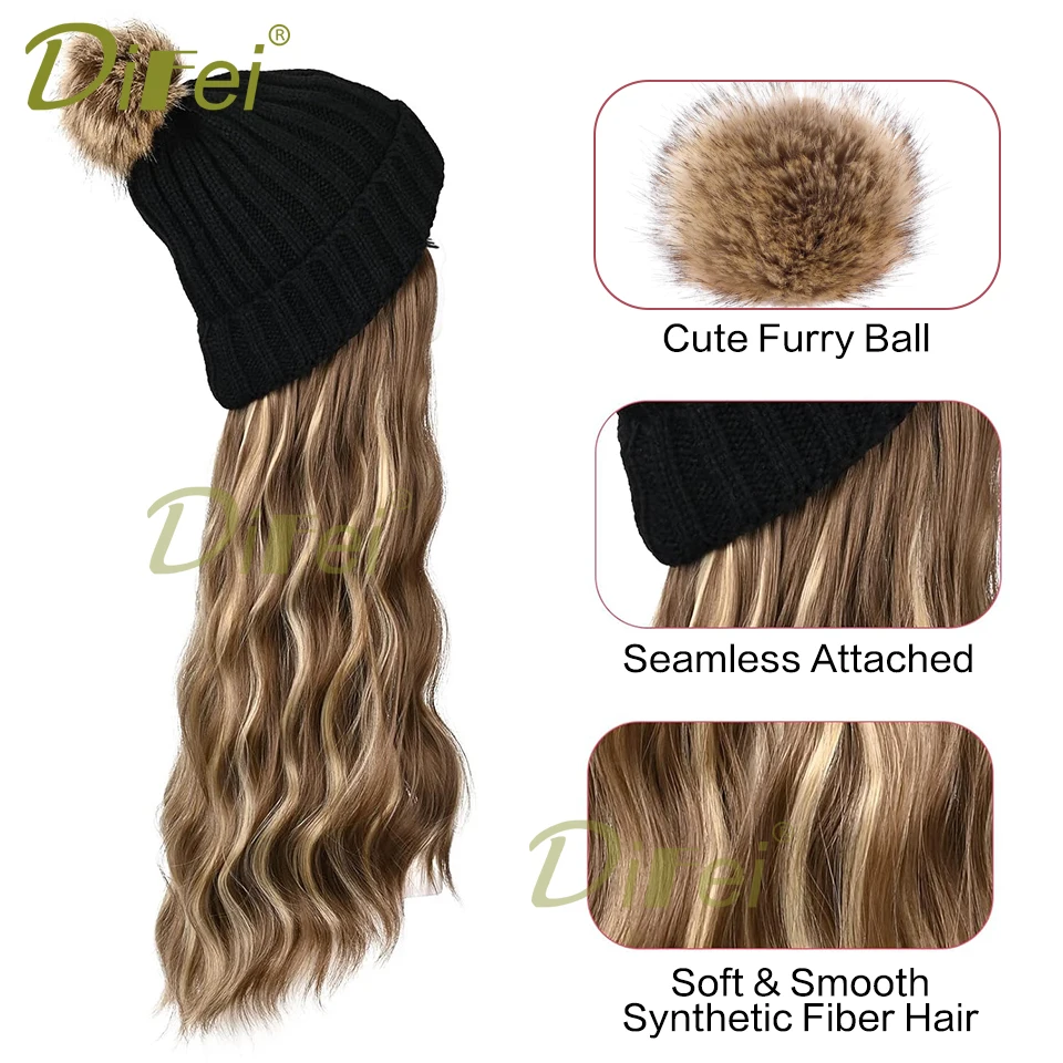 Plush Beanies Knitted Hat With Hair For Women Synthetic Long Wavy Hair Wigs Artificial Hair Extensions Winter Warm Wig Hat Fake