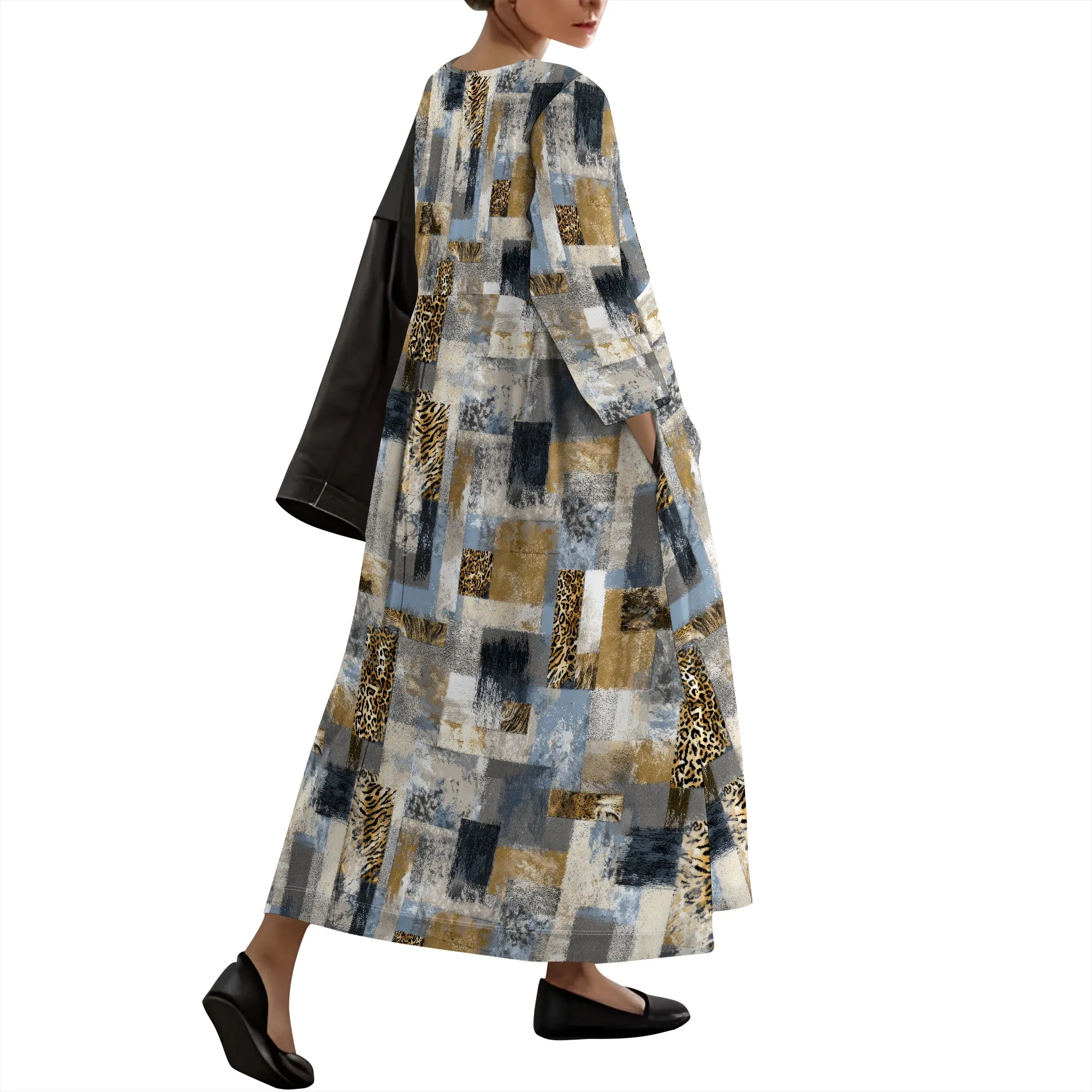 สตรีฤดูใบไม้ร่วงลําลอง 3/4 Sleeve Floral Prirted Maxi Dress Plus ขนาด V คอ Flowy Swing Tunic Shift ชุด 2 กระเป๋า