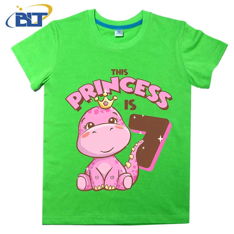 

Girls 7th Birthday Pink Dinosaur printed kids T-shirt, summer cotton short-sleeved casual top, suitable for boys and girls