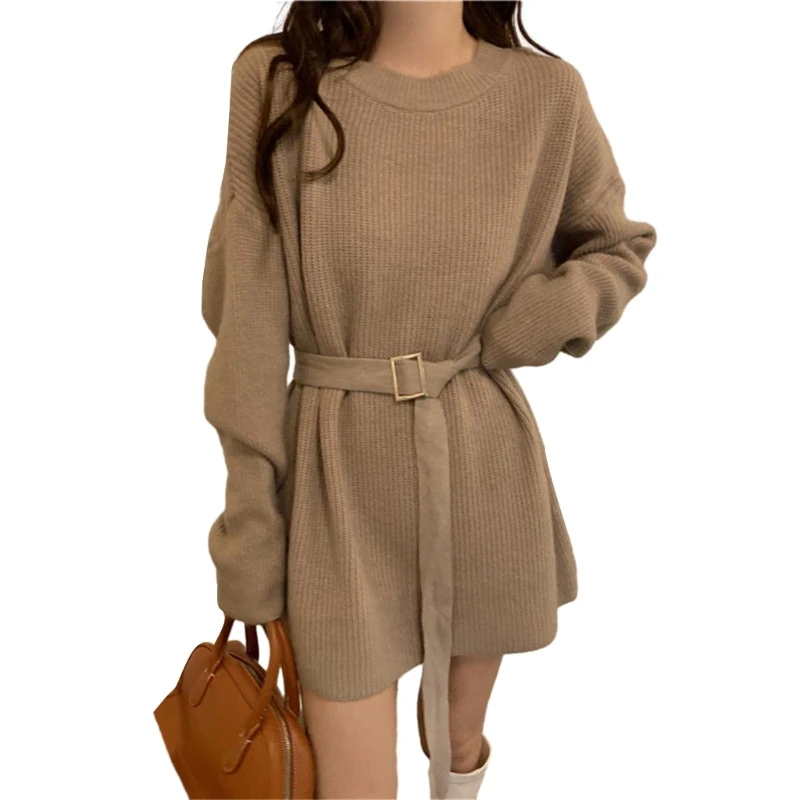 Stylish and Comfortable Knit Sweater Dress with Belt Round Neck Long Sleeve Solid Color Dresses for Women