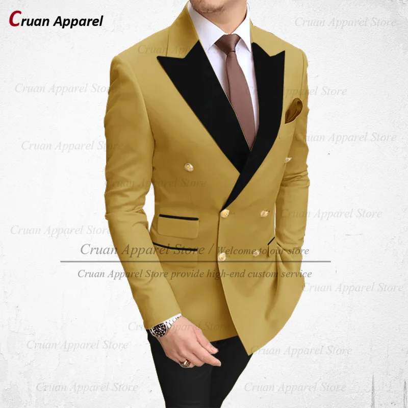 Fashion Brown Men Suits 2 Piece Slim Fit Groomsmen Groom Wedding Tuxedo Double Breasted Black Velvet Lapel Blazer with Pants Set