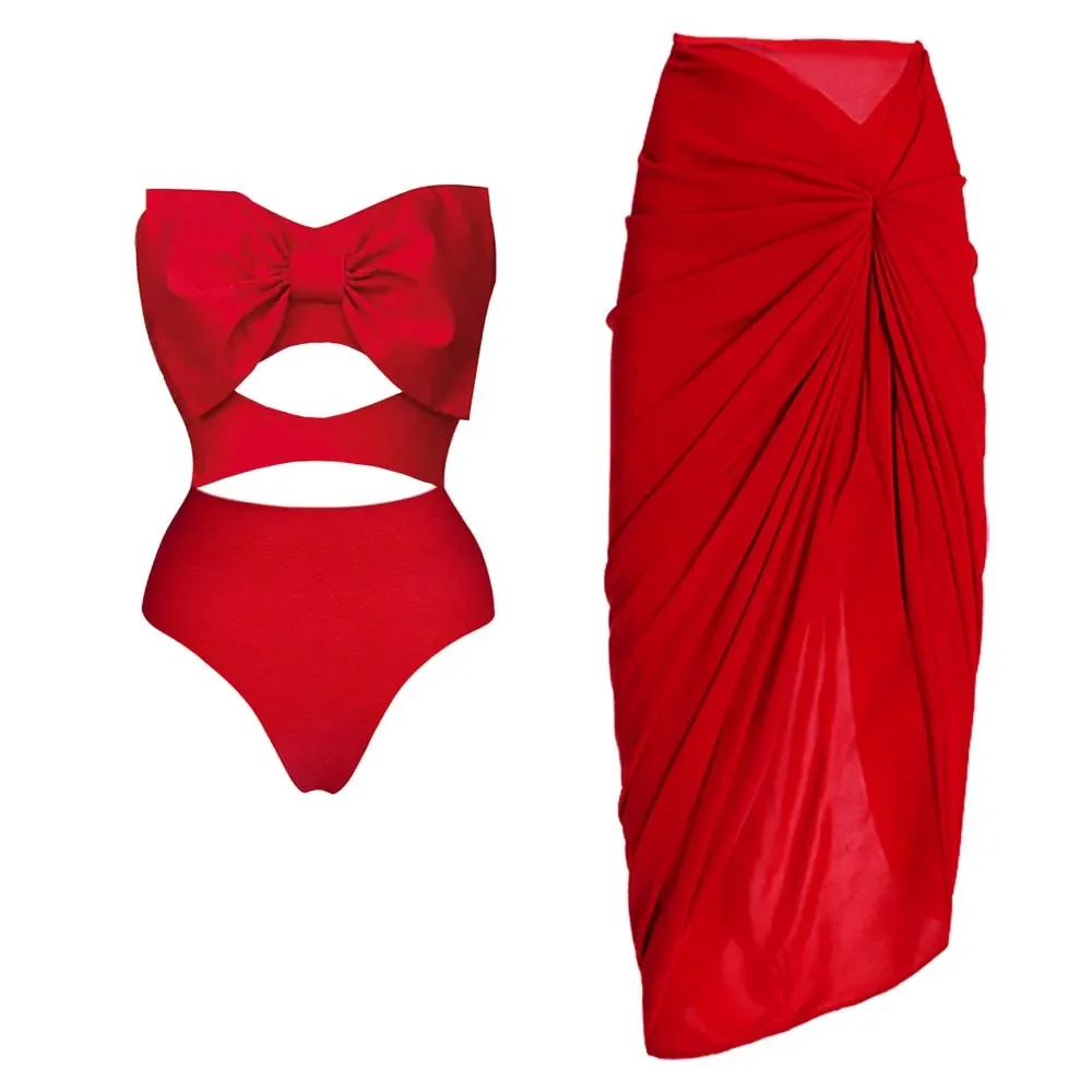 Red Bow Cut Out One Piece Swimsuit and Sarong Summer Swimwear Women Beachwear