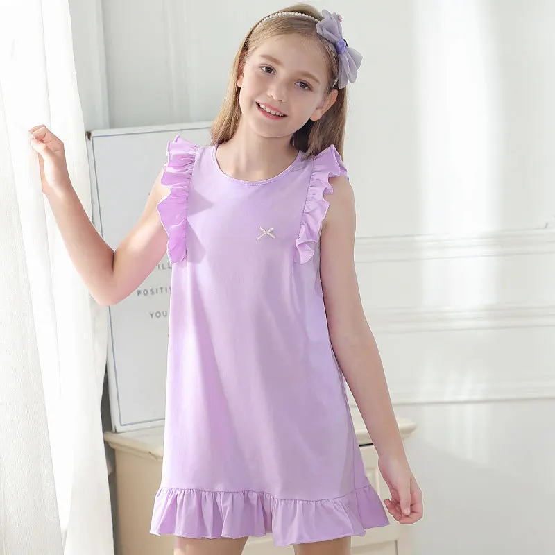 Casual Dress for Girls Summer Thin Ice Silk Cotton Children's Home Dress for Girls Ruffled Nightdress