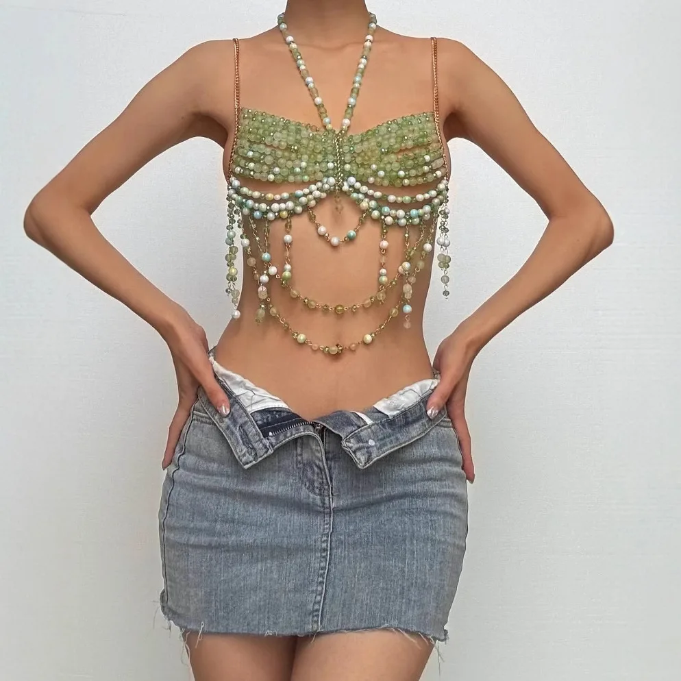 

Handmade Color-changing Stone Beaded Corset Buster Tops for Women Green Beading Halter Crop Tops Night Club Costume Bra Chain