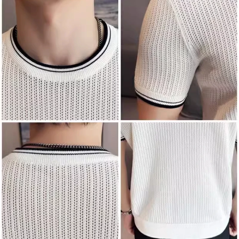 Camiseta de verano de seda helada para hombre: cuello en contraste y diseño de punto de malla |   Estiramiento Slim Fit |   Transpirable Color-Block Estilo M-3XL