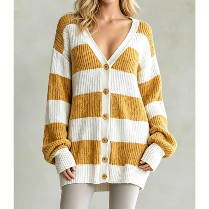 Casual Color Blocked Striped Knitted Cardigan Women Autumn Winter Fashion V-neck Loose Sweater Simple Versatile Sweaters Ladies