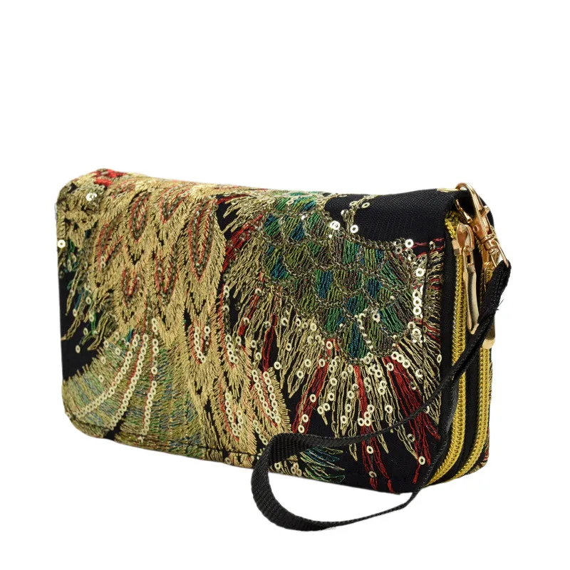 Women‘s Purse Double-Sided Sequin Embroidered Peacock Flower Long Wallet Zipper Clutch Cellphone Card Cash Organizer Holder Bag