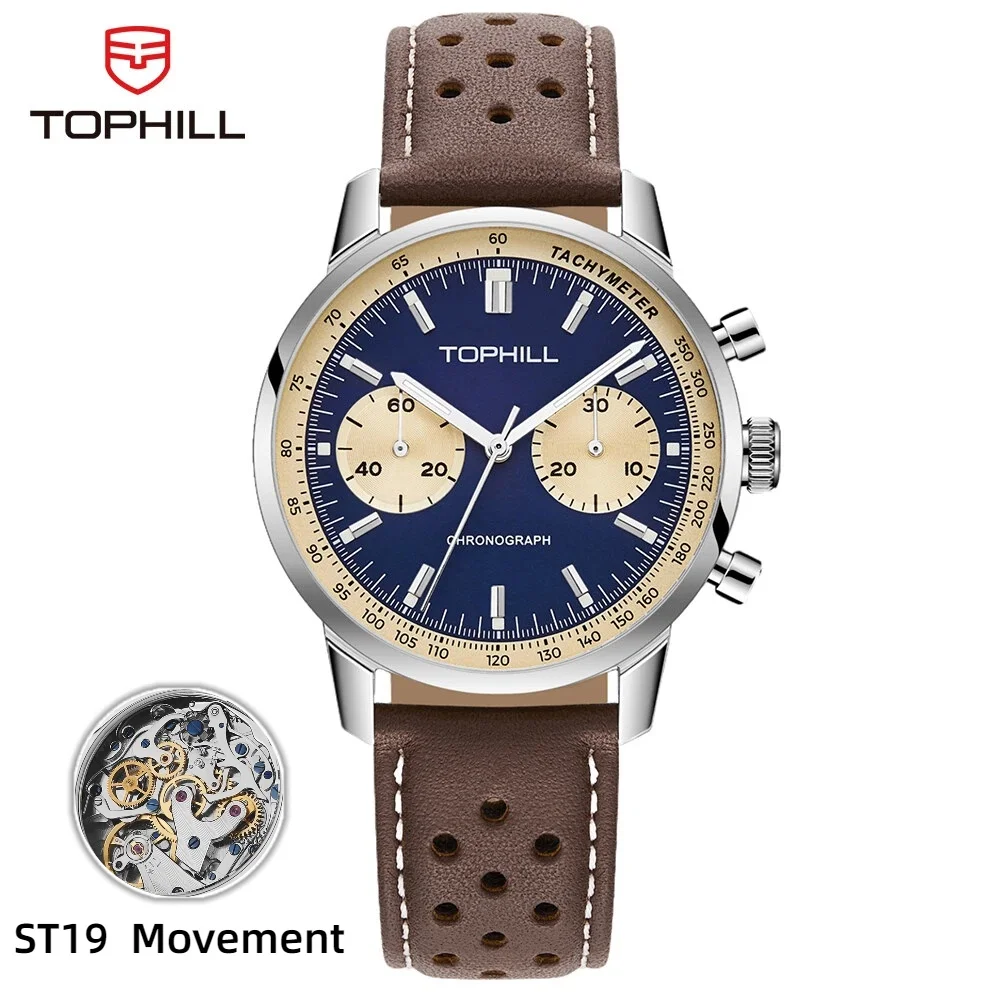 

TOPHILL Vintage Racing Chronograph Men’s Mechanical Watch ST1901 Seagull Movement Pilot watch Leather Strap Sapphire glass 5ATM