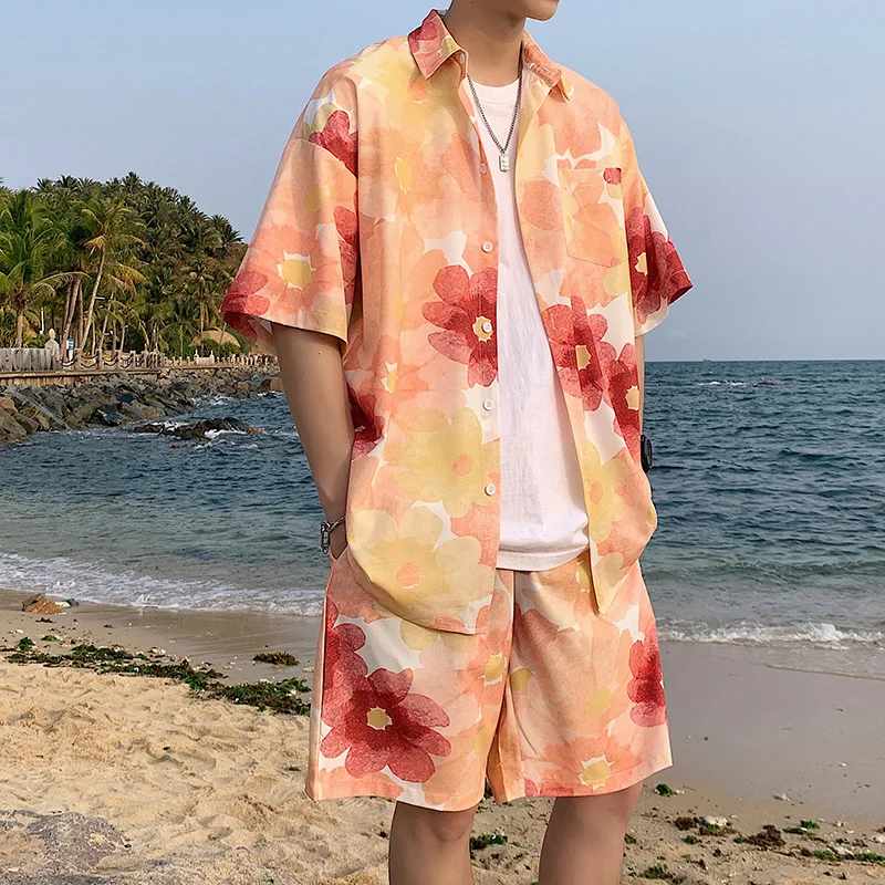 New Summer Men Sets Graffiti Floral Printing Short Sleeve Shirt with Shorts Thin Oversized Beach Suit Man