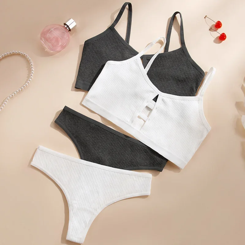 حمالات صدر قطنية لاسلكية للنساء، ملابس داخلية ملفوفة من القطن، حمالة صدر قطنية مثلثة قابلة للتمدد، مجموعة حمالة صدر وسراويل داخلية رفيعة غير مبطنة