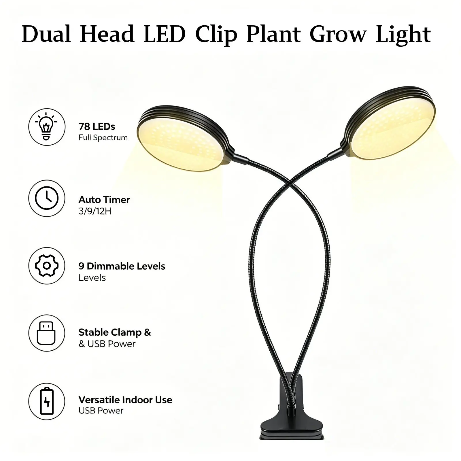 HoldPeak Dual Head 78 LED Clip Plant Grow Light 3 Spectrum 0-100% Dimmable Timer 3 9 12 Hour for Indoor Succulent Flower FCC