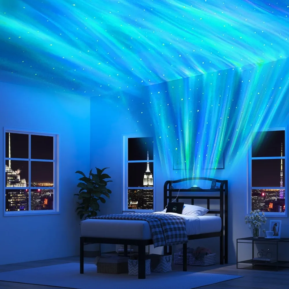 

Twin Size Bed Frame - Storage Headboard with Galaxy Aurora Star Projector & Charging Station, 18in Heavy Duty Metal Bed Frame No