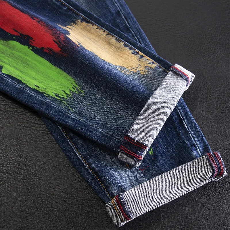 Spray Paint Printed Graffiti Ripped Jeans for Men Slim Fit Small Feet Personality Trendy Street Denim Pants
