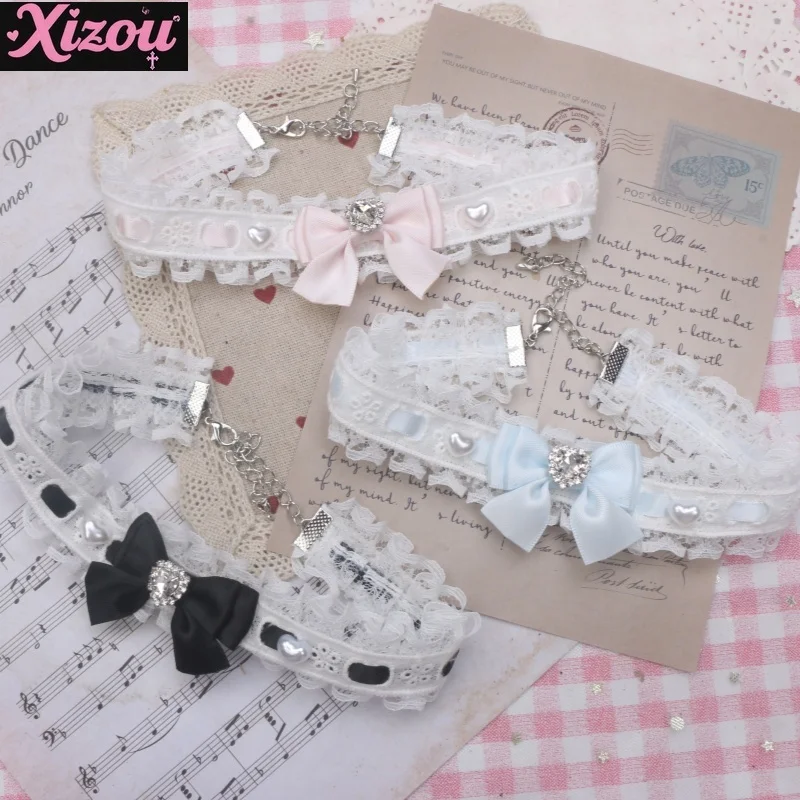 

Handmade Japanese sweet and cute lace string with bow love rhinestone necklace sticker neck collar women's lolita accessories