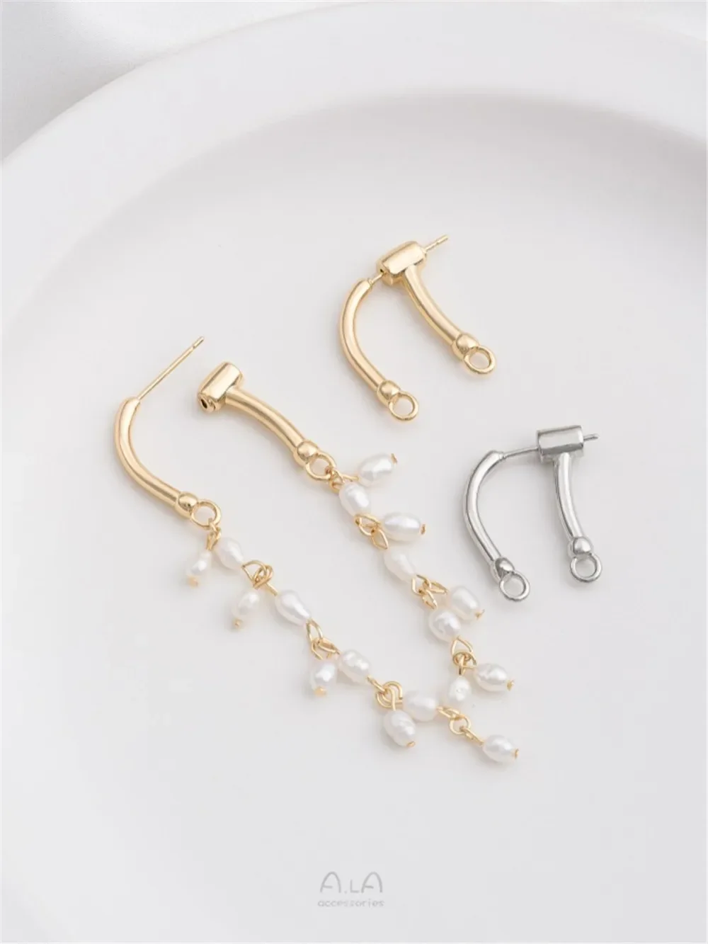925 Silver Needle 14K Gold Color with Hanging Ring Studs with Ear Plugs Double Hanging Earrings Handmade Pearl Accessories