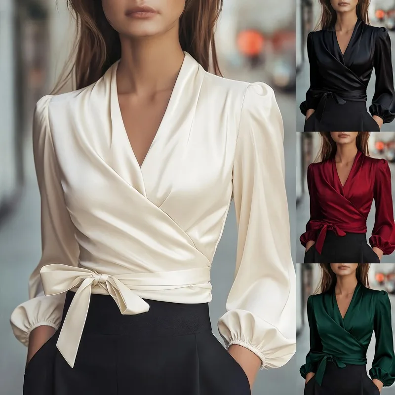 

Elegant Sophisticated Fitted Waist Tie Bow Top V-neck Satin Long-sleeved Shirt High-quality Business Shirt for Women Blouse