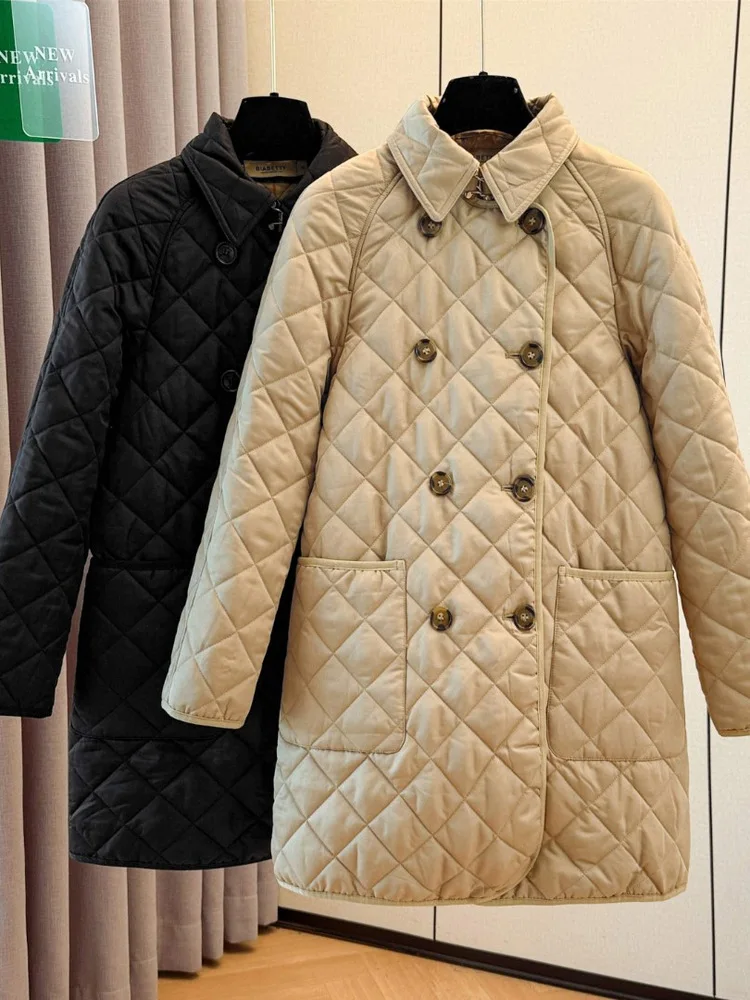 

Winter New British Style Loose Straight Cut Warm Collar Mid-Length Cotton Jacket Double Button Design Ladies Fashion Commute