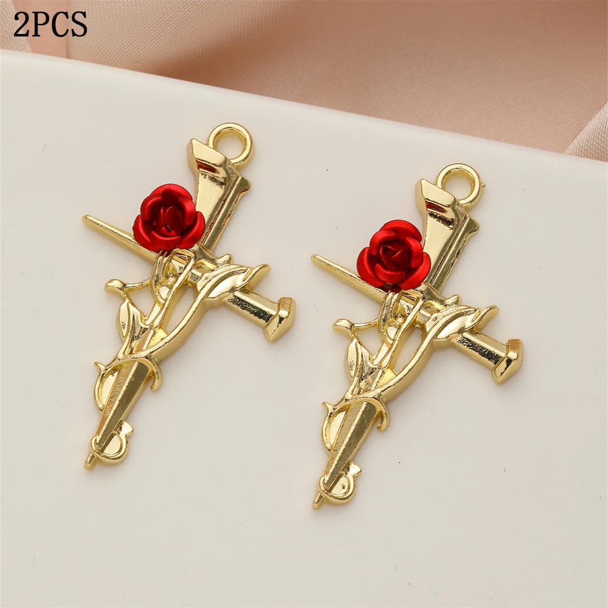 2pcs Thorn Red Rose Gold Cross DIY Handmade Jewelry Necklace Earrings Pendant Accessories