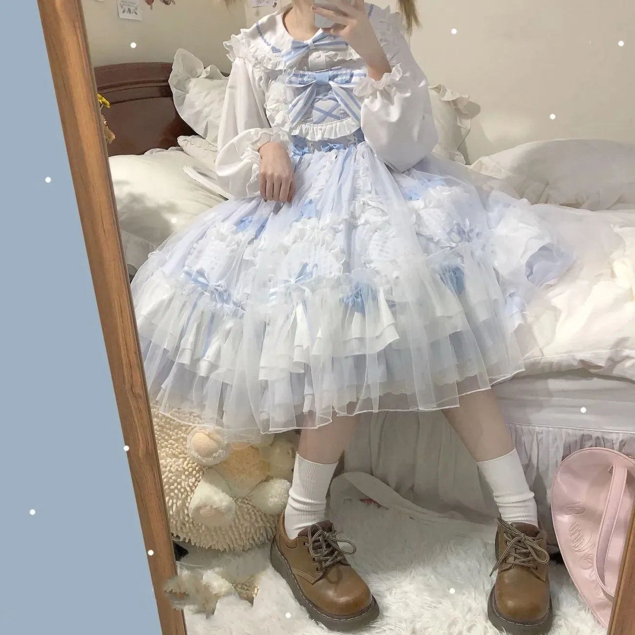 Japanischer Stil süßes Mädchen Cosplay Lolita Jsk Kawaii Anzug Top + Kleid süße Lolita Mesh Riemen Puppe Kragen Liebe Bogen kariertes Kleid