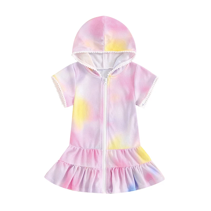 Girls Gradient Color Swim Cover Up  Swimsuit Tie Dye Zip Short Sleeve Ruffle Hooded Terry Coverup Swimwear