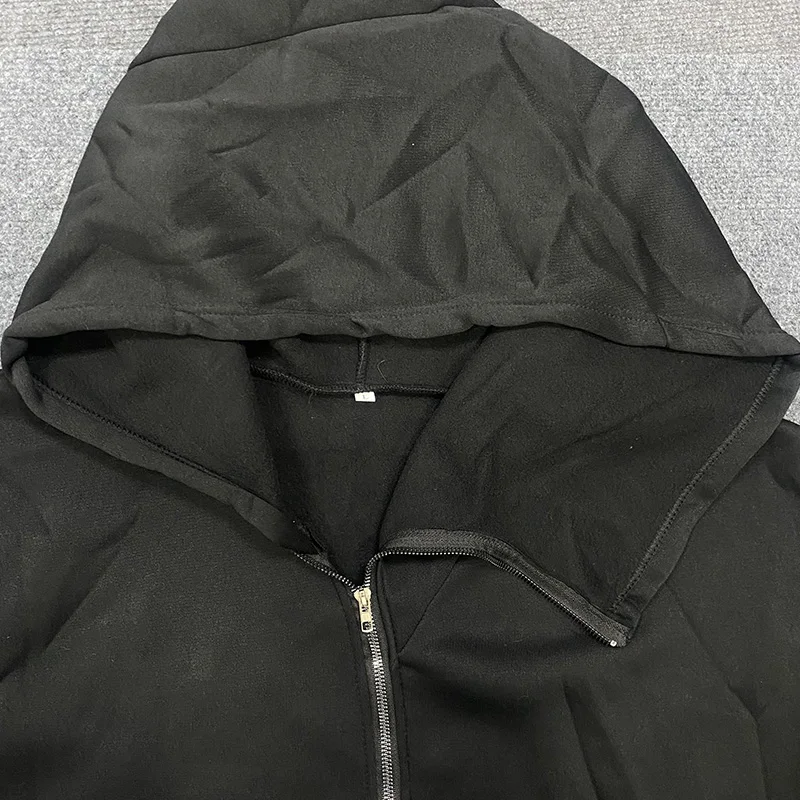 قبعة معالج جماليات غير متماثلة داكنة بأكمام طويلة مع قلنسوة على الطراز القوطي عالي الشارع للترفيه الأمريكي هاراجوكو معطف فضفاض بسحاب للنساء