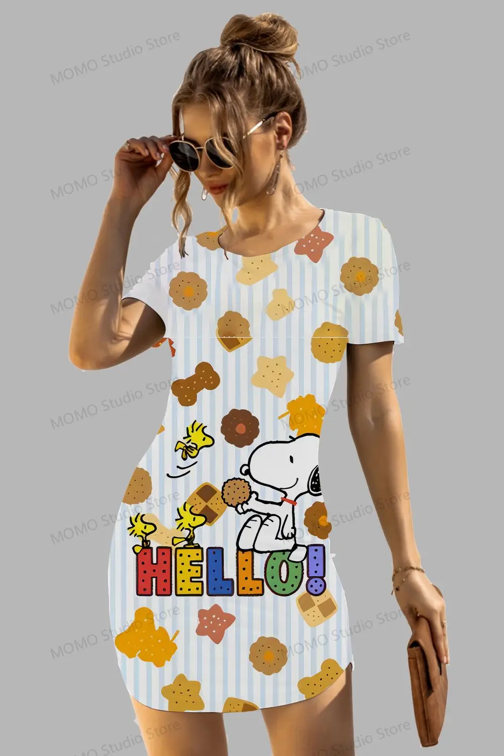 Vestido picante de manga curta com o decote Kawaii Snoopy Hip, elegante moda boho, novo, verão, Y2K, S to 3XL, 2024