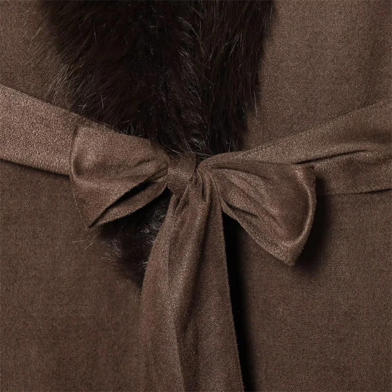 معطف طويل بني أنيق للنساء - ياقة وأساور من الفرو الصناعي معطف واق من المطر بحزام للطقس البارد #6