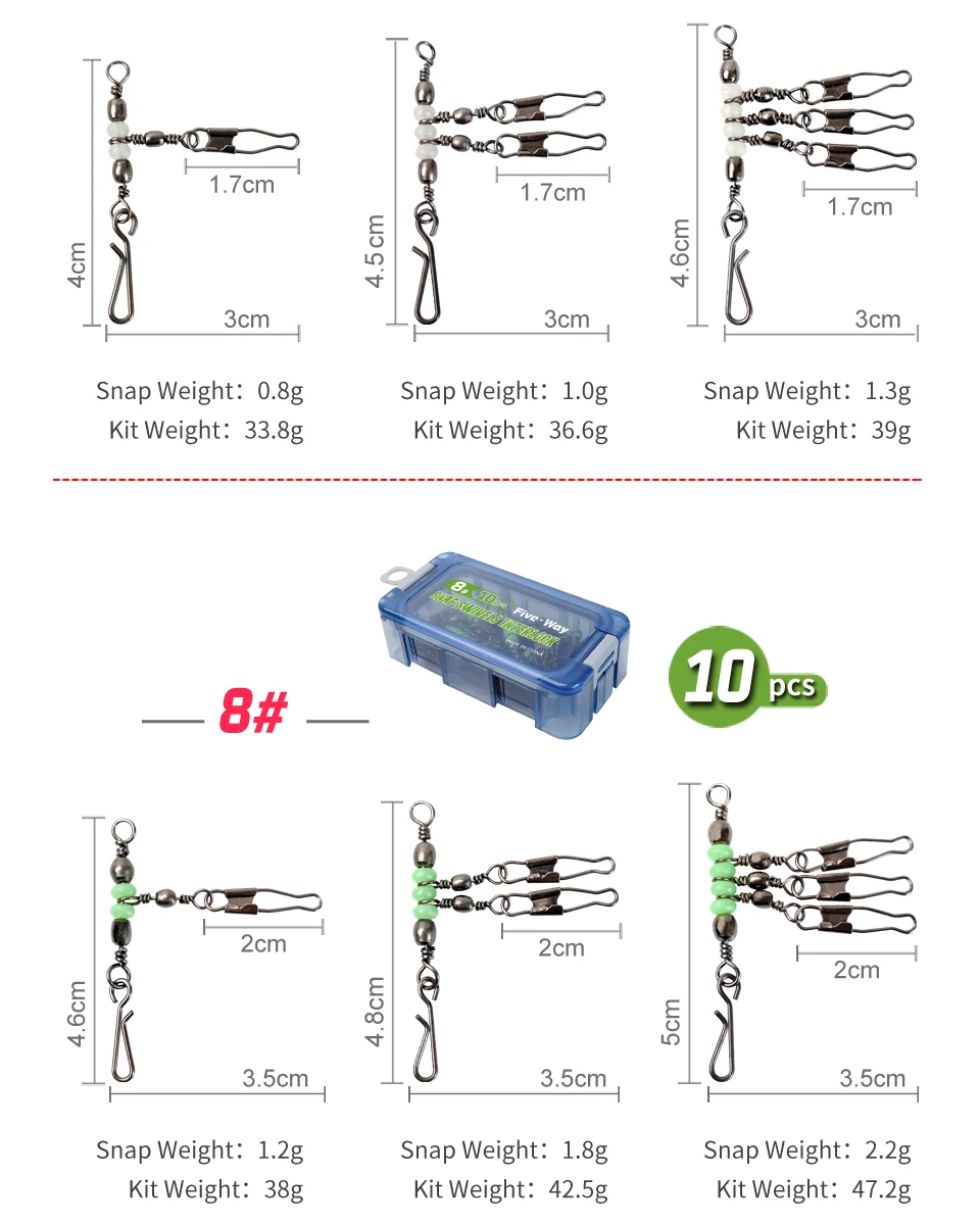 New 10pcs 1-2-3-Way Fishing Snap Connector 6#/8#/10# Stainless Steel Luminous Fishing Pin Connector Barrel Swivels Tackle