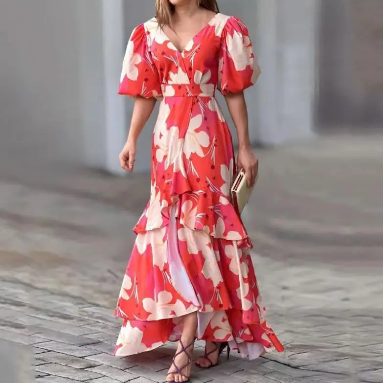 

Fashionable and Elegant V-Neck Printed Ruffles Layered Dress 2026 Summer Outfits Street Pile Up Sleeves High Waist Long Dress