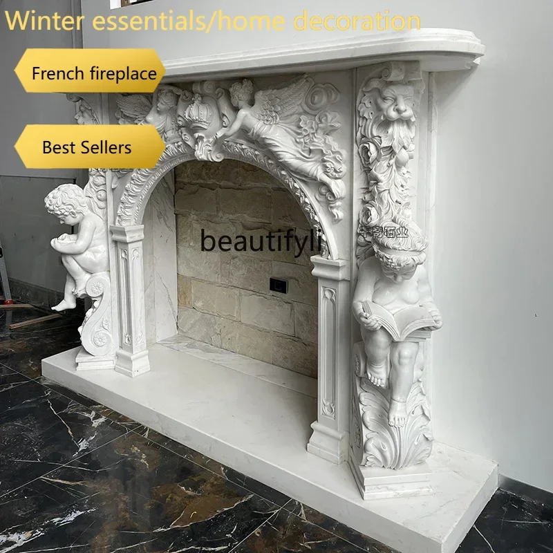 A95 B51  Marble mantel stone carving European white marble fireplace living room decoration ornament 06