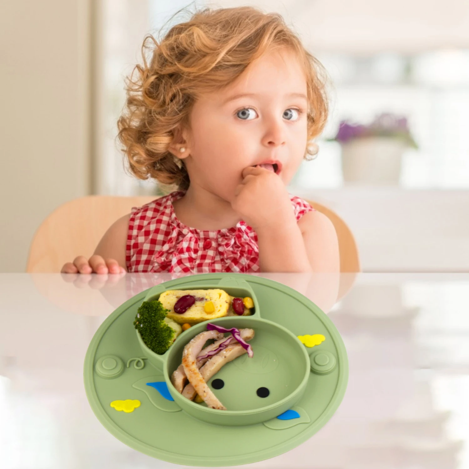 Qshare Baby Divider Cutlery Suction Cup Silicone Plate Toddler Feeding Plate BPA Free NonSlip Severice Dish Food Container